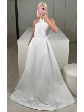 BERNADETTE Jones Bow Halterneck White Wedding Maxi Dress Size 6